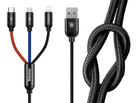 Kabel 30cm Baseus 3w1 iPhone Micro USB USB-C 3.5A Drei Primär