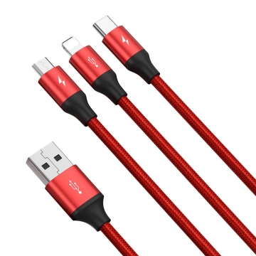 Baseus kabel 3w1 z końcówkami USB - USB Typ C / Lightning / micro USB 1,2m, 3,5A czerwony (CAJS000009)