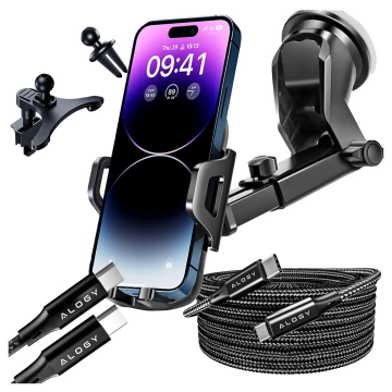 Uchwyt samochodowy do telefonu do auta 3w1 Alogy na szybę do kratki na deskę rozdzielczą kokpit Czarny + Kabel