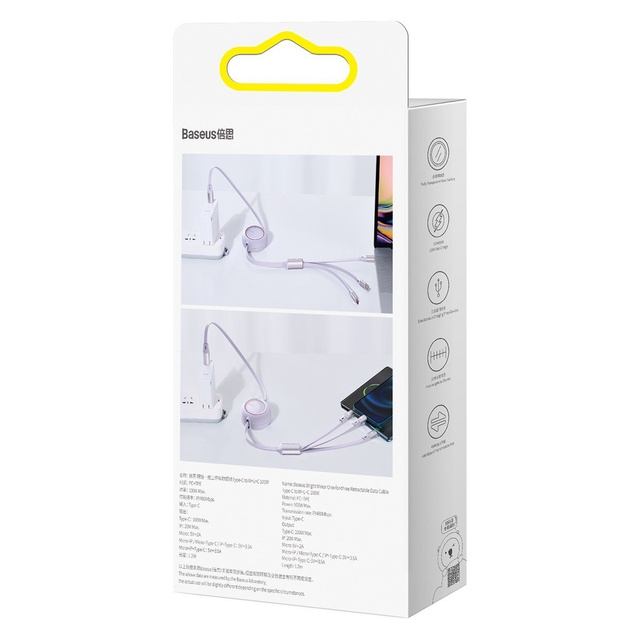 Kabel USB-C 3w1 Baseus Bright Mirror do micro USB / USB-C / Lightning, 100W, 1.2m (fioletowy)
