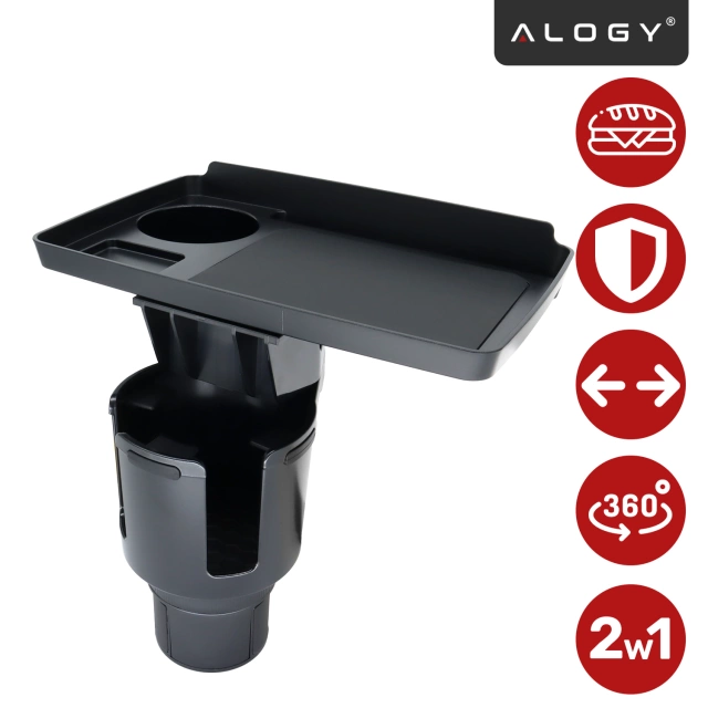 Uchwyt Samochodowy na Kubek i Butelkę Telefon z Obrotowym Stoliczkiem 360°, Mobilny Organizer 2w1, Alogy MultiUse Tray™ – Czarny