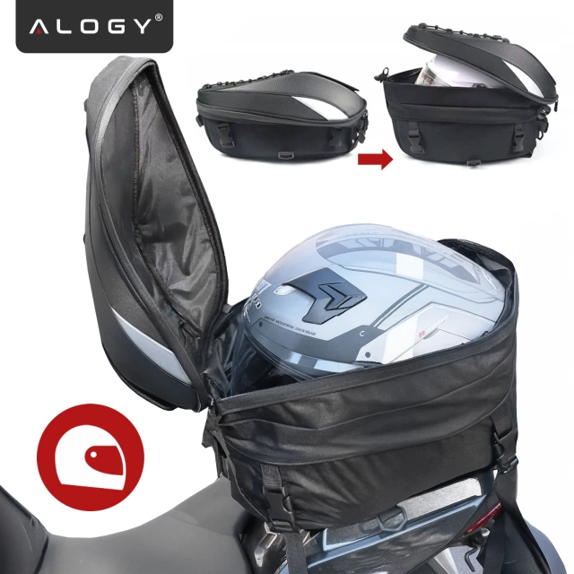Plecak torba motocyklowa wodoodporna 40L – 5w1 – kufer, podsiodłowa, bagażnikowa, na kask, z pokrowcem, Nylon, torba miejska na motocykl – Alogy RoadMaster™ Czarna