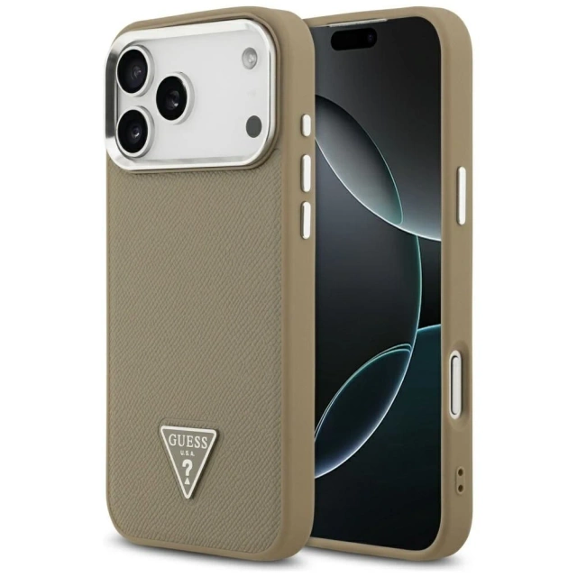 Etui Guess Grained Triangle Logo MagSafe do iPhone 17 Pro Max Brązowy