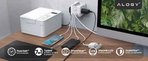 Netzwerk Splitter Splitter Ladegerät Adapter Dieb 3 Steckdosen EU 3x USB USB-C C 7in1 Alogy Weiß