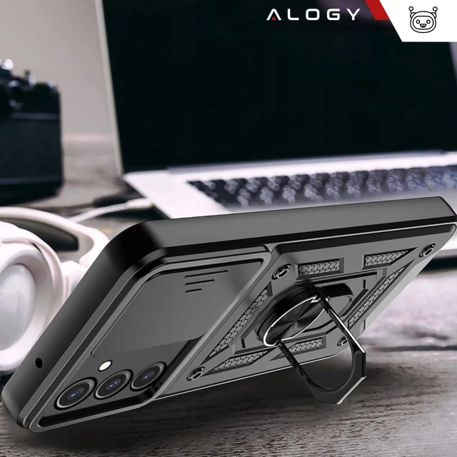 Etui do Samsung Galaxy S25 pancerne Slide Case Ring obudowa ochrona aparatu Camshield Alogy czarne + Szkło