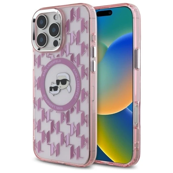 Etui Karl Lagerfeld do iPhone 16 Pro Max 6.9" Różowy MagSafe IML Monogram Karl&Choupette Head 