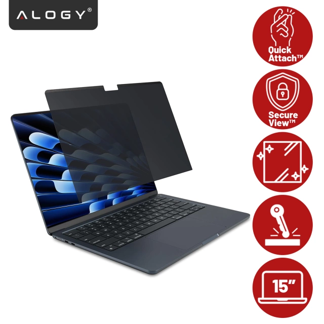 Magnetyczna folia prywatyzująca do Macbook Air 15" 2023-2025 – ochrona prywatności, łatwy montaż, pokrowiec do przechowywania, redukcja odblasków – Alogy SecureView™