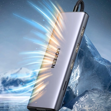 Adapter Ugreen CM498 USB-C HDMI VGA RJ45 USB-A SD PD 100W Hub 9w1 Szary