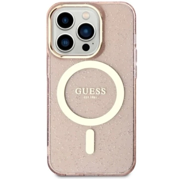 Guess GUHMP14LHCMCGP Handyhülle für Apple iPhone 14 Pro 6.1" pink/pink Hardcase Glitter Gold MagSafe