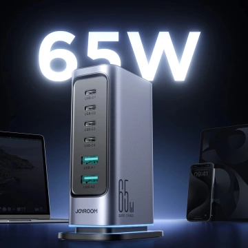 Joyroom 65W GaN-Multiport-Ladegerät, 4x USB-C, 2x USB-A, dunkelgrau