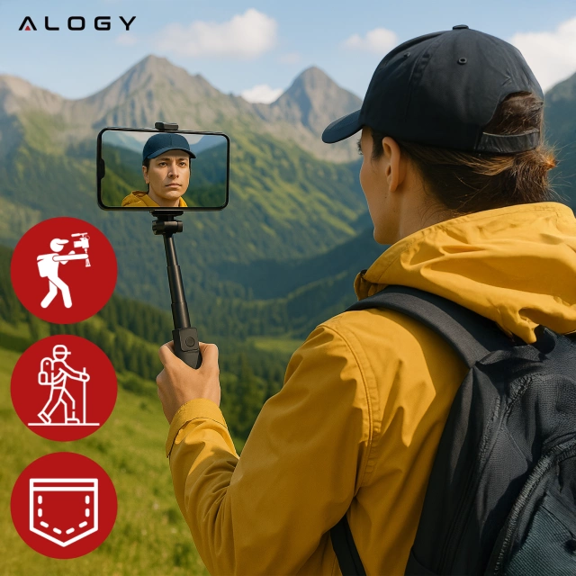 Selfie Stick Mini Tripod stabilny kompaktowy lekki Kijek do Selfie i Statyw Rozkładany 360° z Pilotem Bluetooth 10m, Stojak do Zdjęć i Nagrywania, Alogy FlexiShot™ Czarny