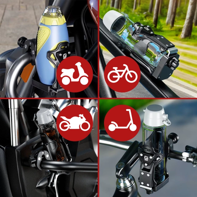 Uchwyt Motocyklowy / Rowerowy na Bidon, Butelkę lub Kubek z Blokadą Antykradzieżową, Regulowany 50–90 mm, Na Hulajnogę, Kierownicę i Ramę - Kewig