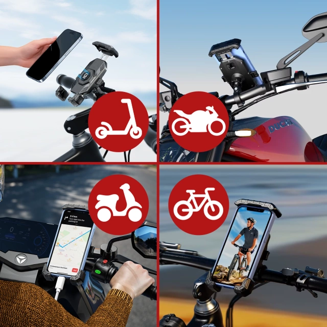 Uchwyt Motocyklowy na Telefon Kewig do Kierownicy i Lusterka, Antywstrząsowy z Systemem Antywibracyjnym, Rotacja 360°, Kompatybilny z Telefonami 5.4–7" – Czarny