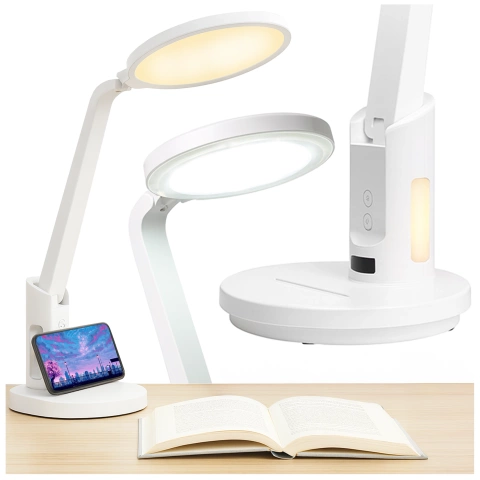 Lampka biurkowa nocna LED – akumulator 6000 mAh, regulacja światła i trybów, miejsce na telefon, stabilna, idealna do nauki i pracy – Alogy MultiStand™ Biała