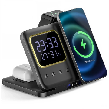 Kabellose Schnellladestation 5-in-1 mit LED-Uhr, 15 W, USB-C auf MagSafe für Apple iPhone, Watch und AirPods, inklusive Uhr und Hygrometer, Schwarz