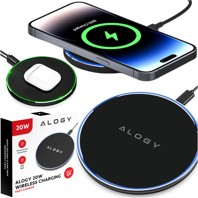 Ładowarka indukcyjna QI bezprzewodowa 20W szybka LED Alogy okrągła mocna + kabel USB-C Czarna