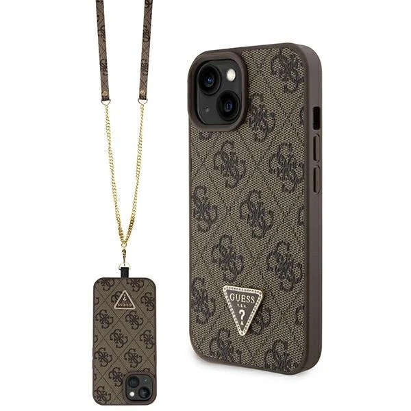 Guess GUHCP15SP4TDSCPW Hülle für iPhone 15 6,1" braun/braunes Hardcase Crossbody 4G Metal Logo