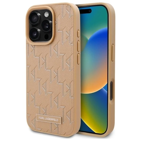 Karl Lagerfeld Hülle für iPhone 16 Pro 6,3" Beige MagSafe Hardcase Leder Monogramm Metall Logo