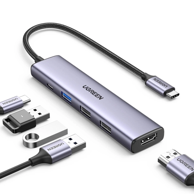 Adapter Ugreen CM478 USB-C do HDMI / USB-A 3.0 / 2x USB 2.0 / PD Szary
