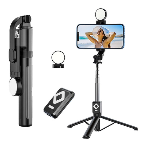 Selfie-Stick Handyhalter Stativring LED-Stativ mit Bluetooth-Fernbedienung Schwarz