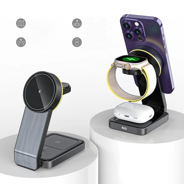 Ładowarka indukcyjna Qi Mag Safe 15W do iPhone Apple Watch AirPods 3w1 bezprzewodowa stojak czarna
