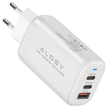 Alogy GaNCharge Kompaktes 3-in-1-Wandladegerät, schnelles Laden, GaN3, 65 W, USB-A, 30 W, 2 x USB-C, 65 W, Weiß
