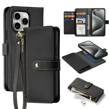iPhone 15 Pro Dux Ducis Lawa Wallet Leder Mag Schwarze Hülle