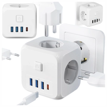 Netzwerk Splitter Splitter Ladegerät Adapter Dieb 3 Steckdosen EU 3x USB USB-C C 7in1 Alogy Weiß
