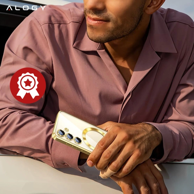 Etui do Samsung Galaxy S24 FE Alogy LuxeShield™️ Glamour Luxury Ring obudowa do MagSafe z osłoną aparatów Złote + szkło hartowane