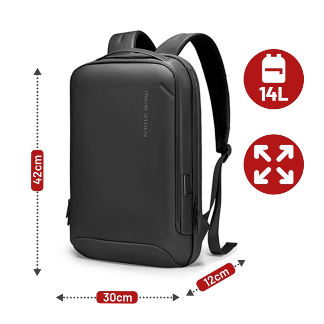 Plecak na Laptopa 15.6" Mark Ryden, Wodoodporny, Lekki i Smukły, Podróżny z Wyjściem USB, Kieszenią na Karty i Zamkiem YKK, Materiał EVA, 14L (42×30×12 cm) – Czarny