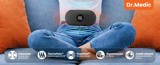 Pas Grzejący z Masażerem na okres i plecy - przeciwbólowy, ciepło + wibracje, 6 poziomów intensywności, akumulator 1800 mAh - Dr.Medic ThermoPulse™ Czarny