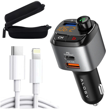 Transmiter samochodowy FM Alogy Ładowarka USB QC 3.0 + USB-C PD Bluetooth odtwarzacz MP3 + Kabel 1m USB-C do Lightning  + Etui