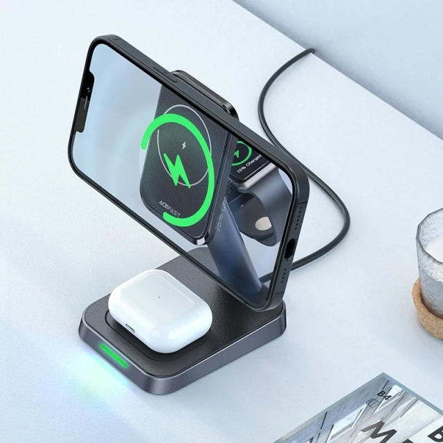 Acefast bezprzewodowa ładowarka Qi 15W do iPhone (z MagSafe), Apple Watch i Apple AirPods stojak podstawka uchwyt magnetyczny czarny (E3 black)