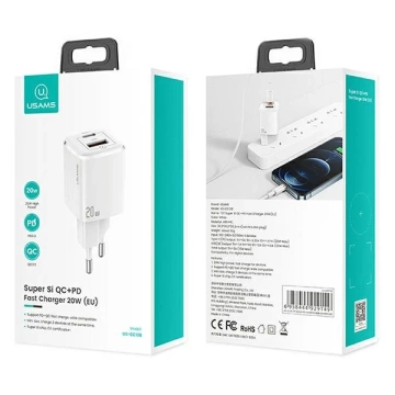 USAMS Wandladegerät 1x USB-C 1x USB T37 20W (nur Kopf) Super SI PD3.0 QC3.0 Schnellladung weiß/weiß CC128TC02 (US-CC128)