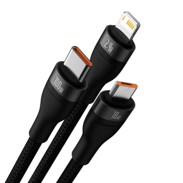 Kabel USB 3w1 Baseus Flash Serie, USB-C Micro USB Lightning, 100W, 1.2m (schwarz)