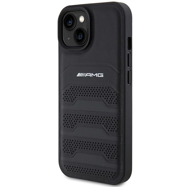 iPhone 15 Plus Hülle Mercedes AMG Leder Geprägte Linien Schwarz