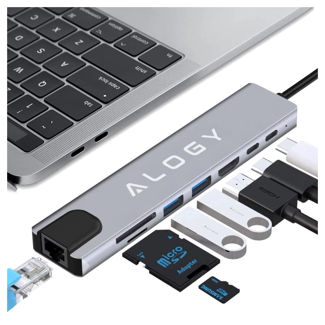 Hub 8w1 USB-C do 2xA+2xC+HDMI+SD+Micro+LAN 100mb – Alogy MultiHub™ Do Notebooka Laptopa