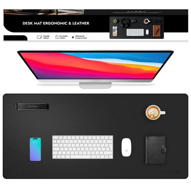 Podkładka na biurko 100×50 cm – antypoślizgowa mata ochronna z eleganckiej ekoskóry PU, pod mysz i klawiaturę, stylowa i trwała – Alogy WorkMat™ Czarna