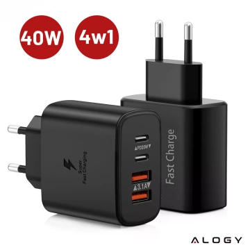 Ładowarka sieciowa 40W 2x USB 2x USB-C Alogy Super Fast Charger Szybkie ładowanie PowerDelivery PD Czarna