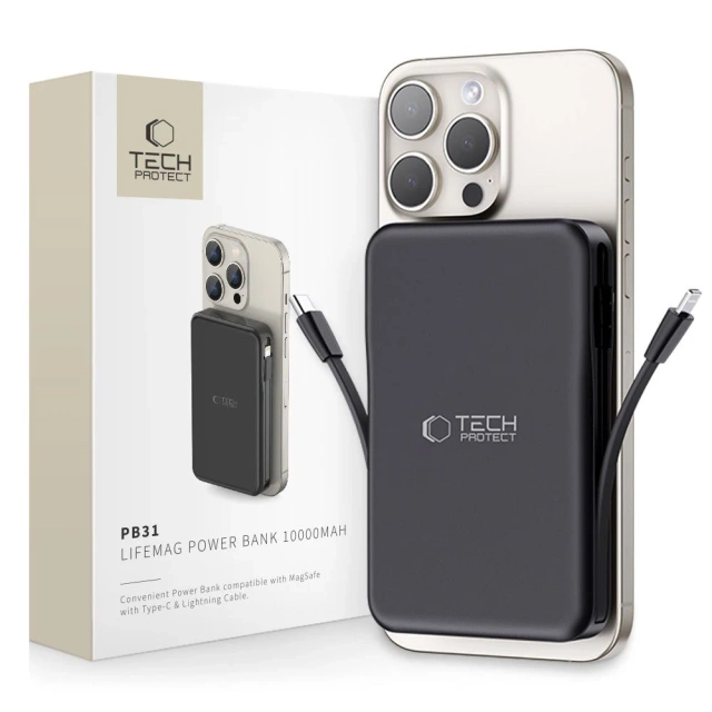 Powerbank magnetyczny z przewodem PB31 Lifemag Magsafe Power Bank 10000 mAh (Typ C + Lightning) Czarny