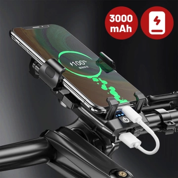 Uchwyt rowerowy na telefon 4w1 lampka LED T6 przednia dzwonek klakson na rower Powerbank 3000mAh czarny