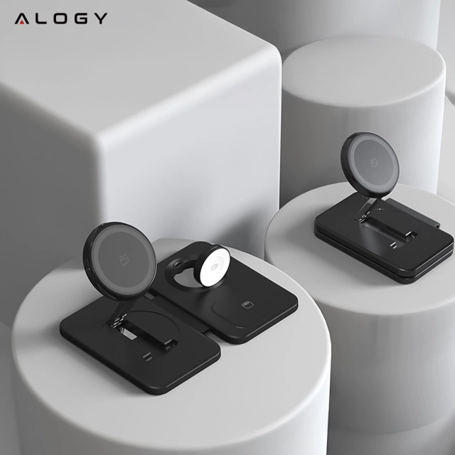 Ładowarka indukcyjna 3w1 składana Alogy MagCharge Foldable Pro do MagSafe do Apple iPhone Watch AirPods Czarna