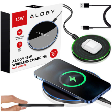 QI kabelloses induktives Ladegerät 15 W schnelle LED Alogy rund für iPhone USB-C-Kabel Schwarz