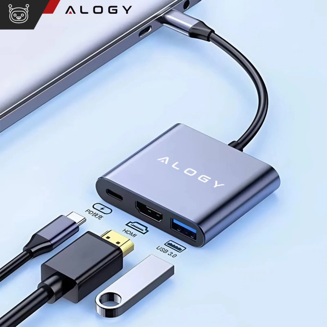Adapter przejściówka HUB 3w1 USB-C na HDMI USB-A USB-C 4K 60Hz Alogy szary