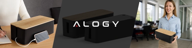 Organizer Pojemnik na Kable i Listwy, Pudełko Biurkowe i Podłogowe Rozmiar L, Estetyczne Wykończenie Drewno, Alogy CableBox™ – Czarny