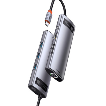 Hub 8w1 Baseus Metal Gleam Series, USB-C do 3x USB 3.0 + HDMI + USB-C PD + Ethernet RJ45 + microSD/SD