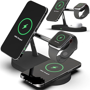 Qi Mag Safe 15W induktives Ladegerät für iPhone Apple Watch AirPods kabellose 5-in-1-Dockingstation Schwarz