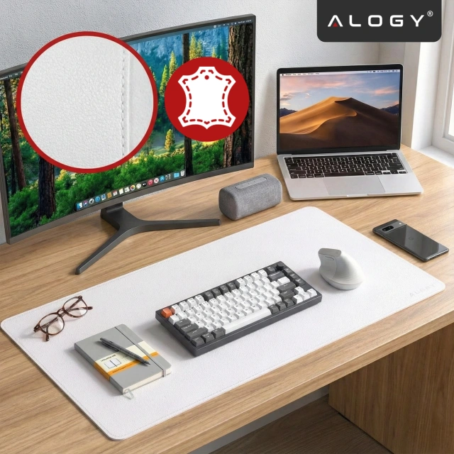 Podkładka na biurko 100×50 cm – antypoślizgowa mata ochronna z eleganckiej ekoskóry PU, pod mysz i klawiaturę, stylowa i trwała – Alogy WorkMat™ Biała