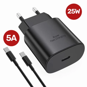 Ładowarka Sieciowa Oryginalna Samsung USB-C 25W + Kabel USB-C 1.8 m, Super Fast Charge, Szybkie Ładowanie, Zestaw Premium – Czarna