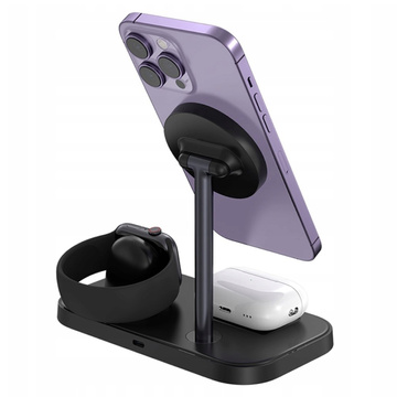 Qi Mag Safe 15W induktives Ladegerät für iPhone Apple Watch AirPods 3in1 kabellose Standstation Schwarz